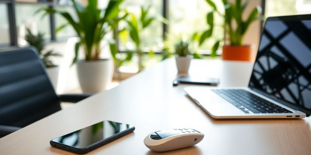 Modern office with smartphone and digital assistant device.