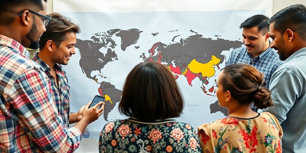 Diverse individuals collaborating around a world map.