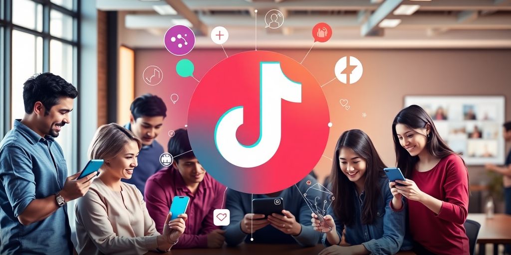 Diverse users engaging with AI technology and TikTok logo.