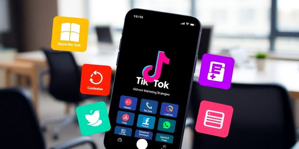 Smartphone with TikTok interface and marketing icons.