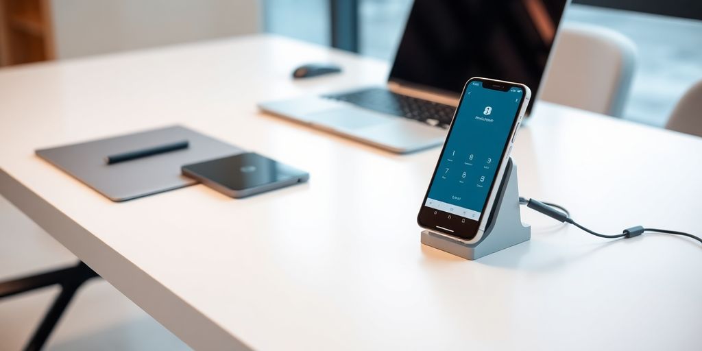 Modern office with smartphone and laptop setup.