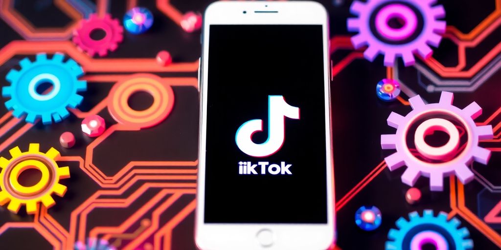Smartphone with TikTok logo and AI elements around it.