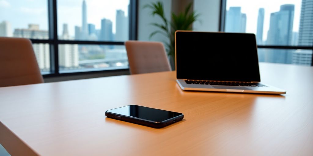 Modern office with smartphone and laptop on desk.