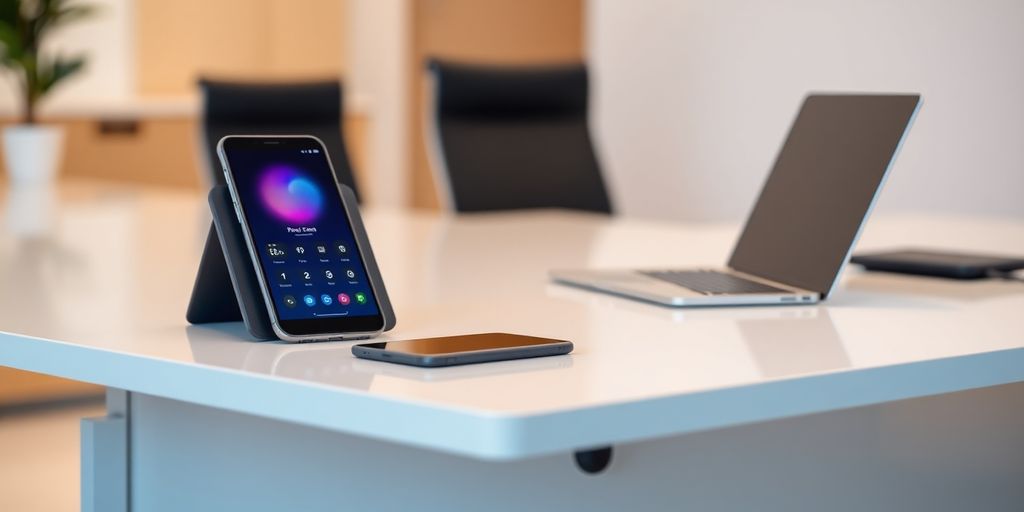 Modern office with smartphone and laptop setup.