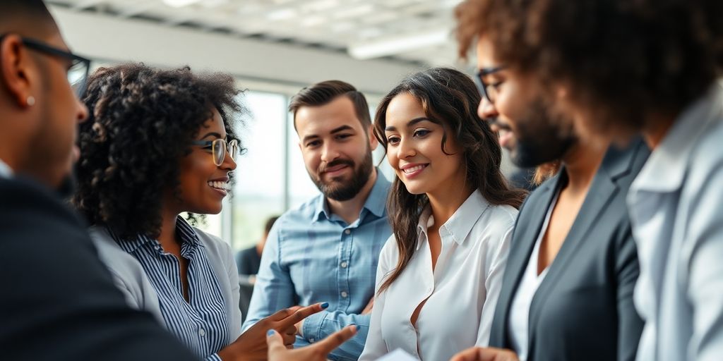 Diverse professionals collaborating in a bright office environment.