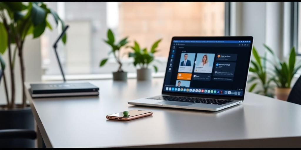 Modern office with smartphone and laptop on desk.