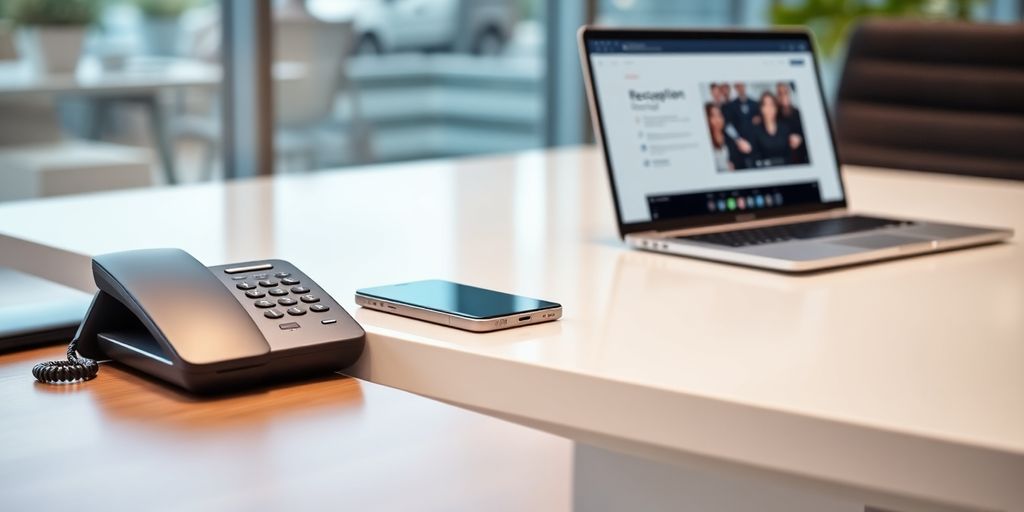 Modern office with smartphone and laptop on desk.