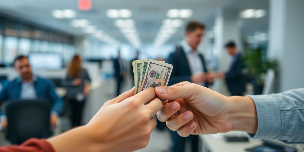 Hands exchanging cash in an office setting.