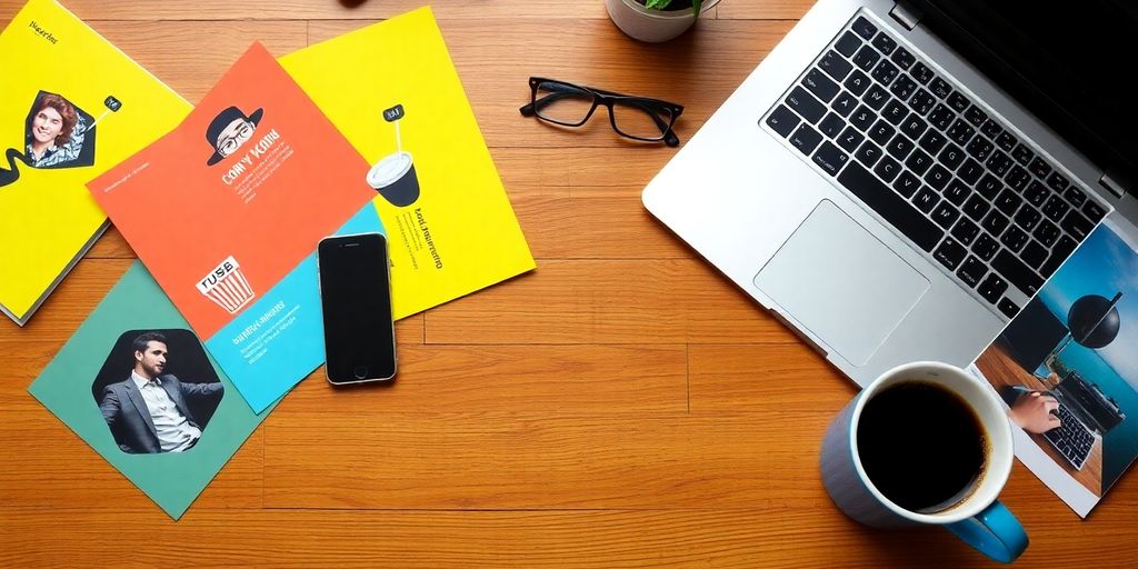 Workspace with laptop, promotional materials, and coffee cup.