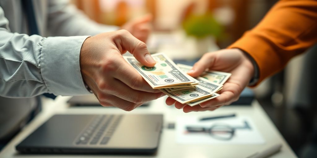 Hands exchanging cash in a workspace setting.