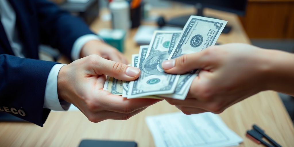 Hands exchanging cash in an office setting.