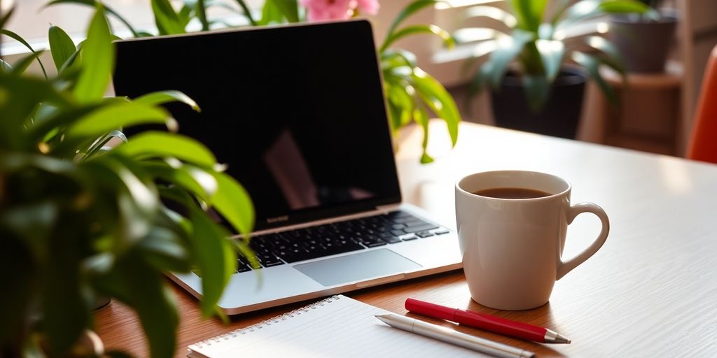 A workspace with a laptop and coffee cup.
