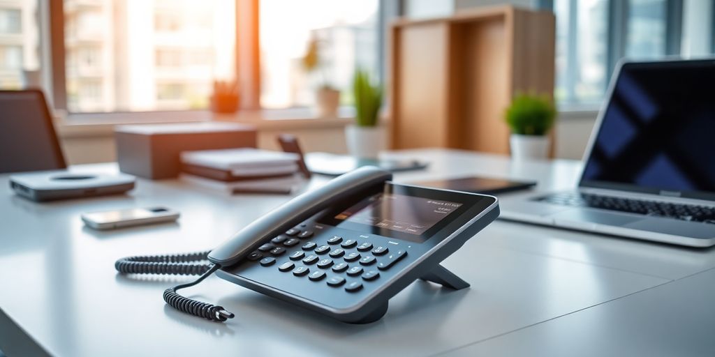 Modern office with a phone and digital devices.