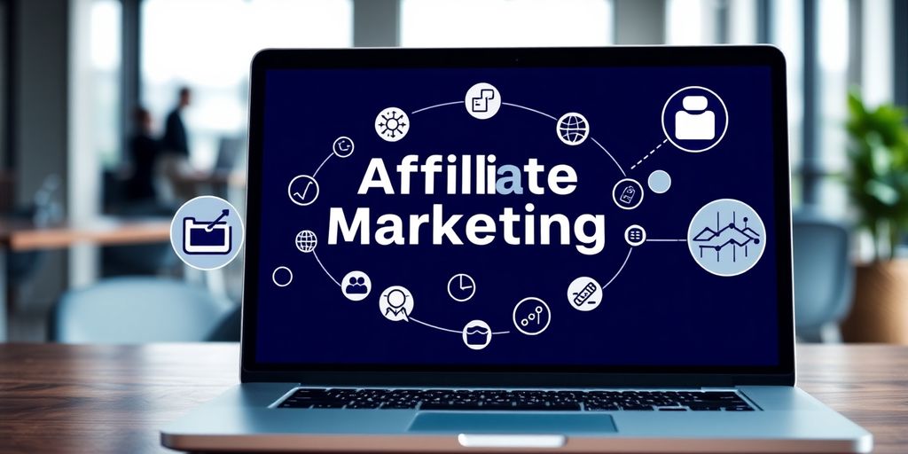 Laptop with digital marketing interface and affiliate icons.