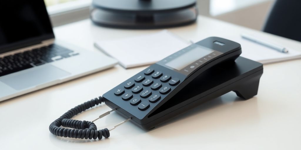 Modern office with phone, laptop, and notepad.
