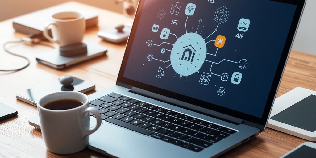 Laptop with AI icons and tech gadgets on desk.