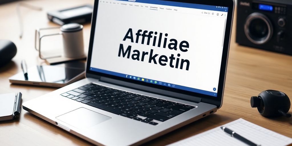 Laptop with digital marketing interface and tech gadgets.