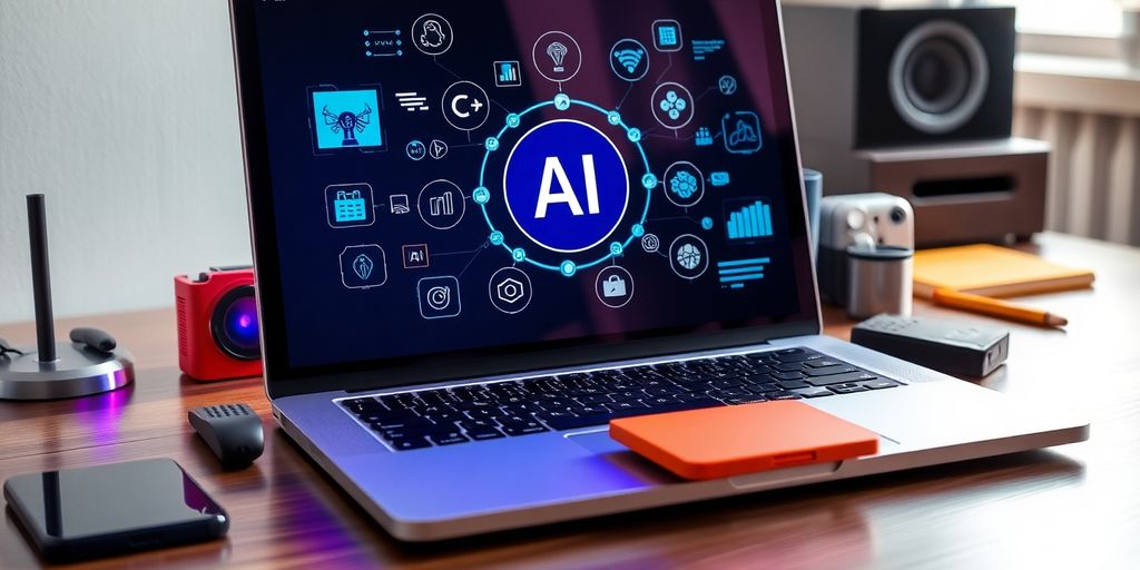 Laptop with AI icons and tech gadgets on desk.