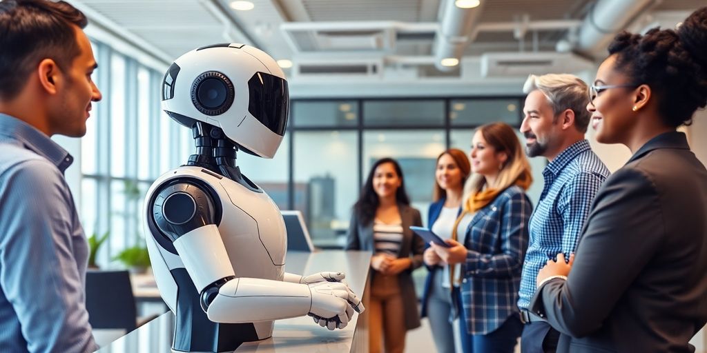 AI receptionist robot in a modern office setting.