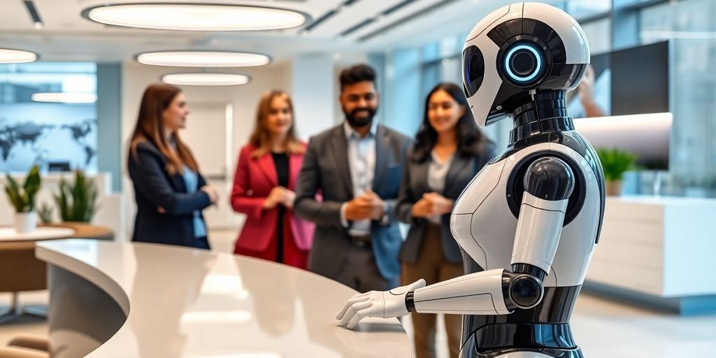 AI receptionist robot in a modern office environment.