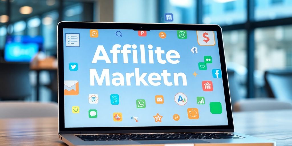 Laptop with digital marketing interface and affiliate icons.