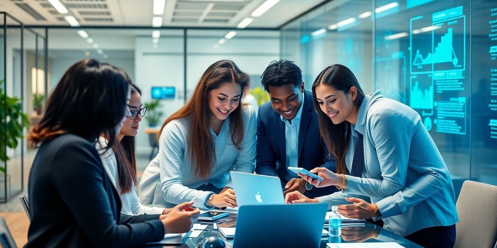 Diverse professionals collaborating in a modern office setting.
