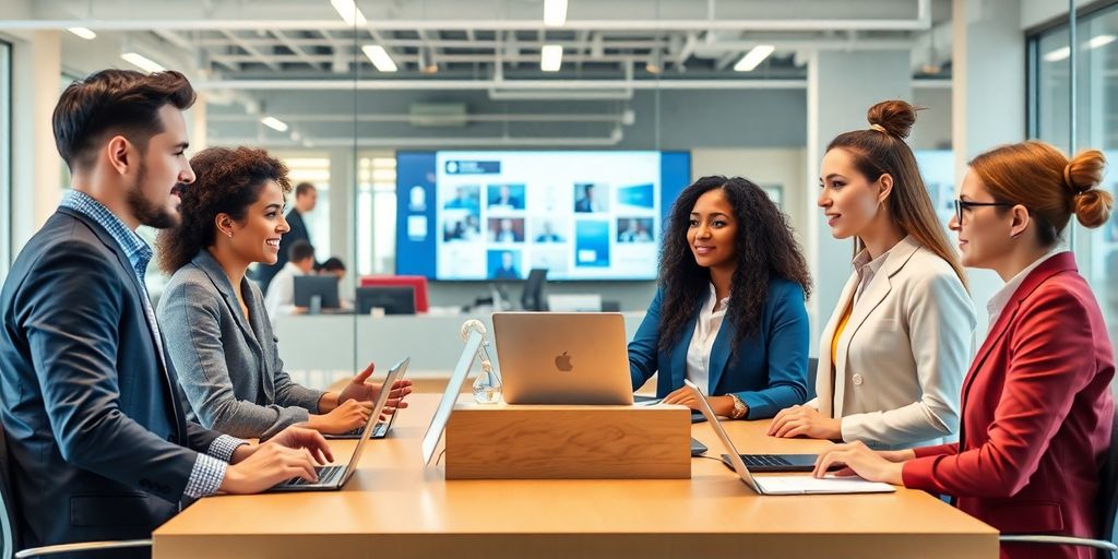 Diverse professionals collaborating in a modern office setting.