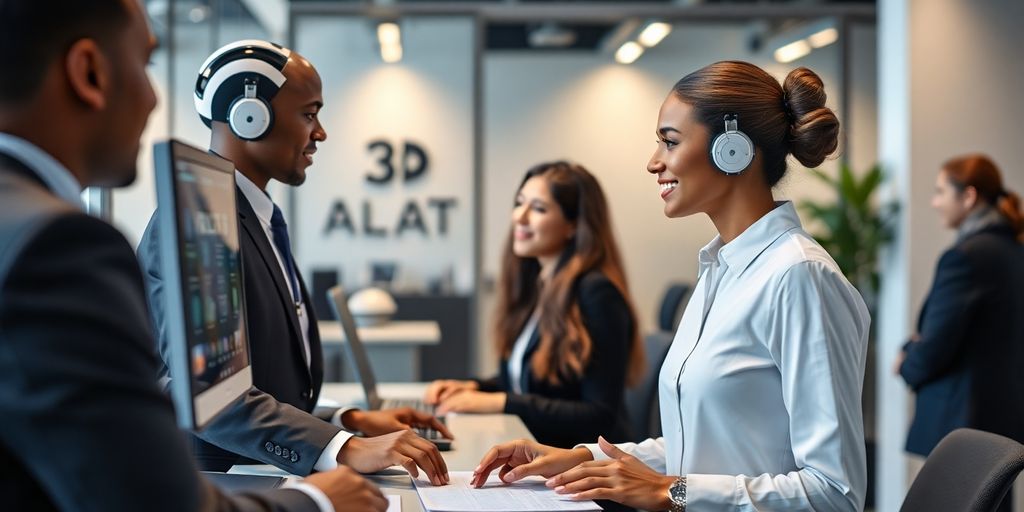 AI receptionist engaging with clients in a modern office.