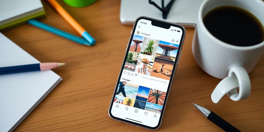 Smartphone with Instagram feed on a wooden desk.
