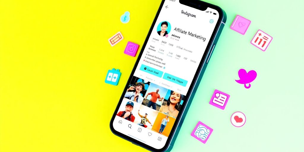 Smartphone showing Instagram profile with affiliate marketing icons.