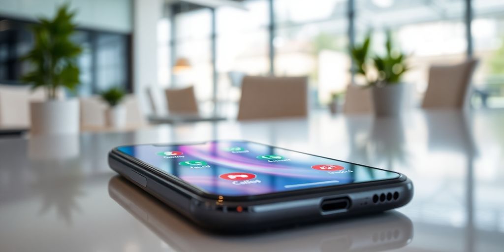 Smartphone with call notifications in a modern office setting.