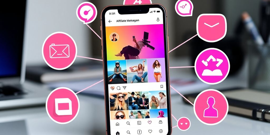 Smartphone with Instagram feed and affiliate marketing icons.