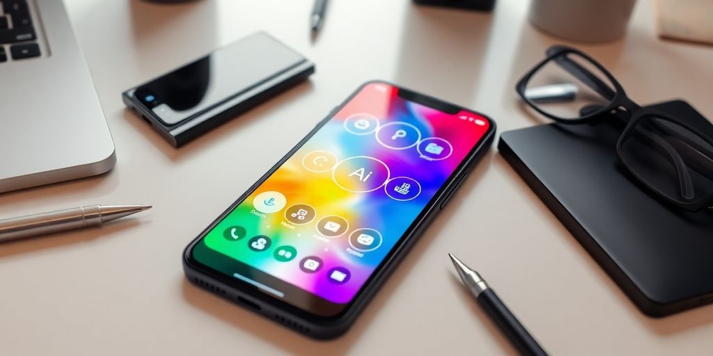 Smartphone with AI interface in a modern office setting.