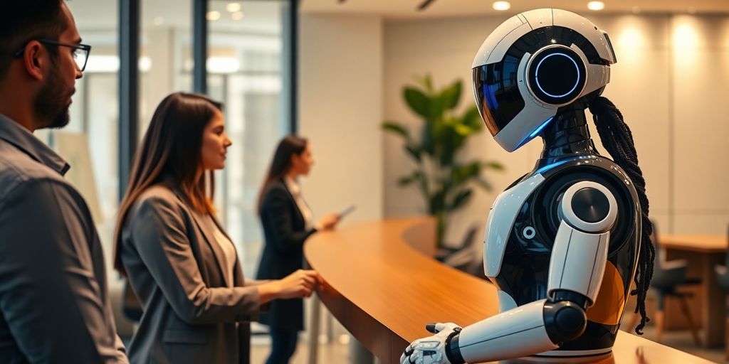 AI receptionist robot in a modern office with clients.