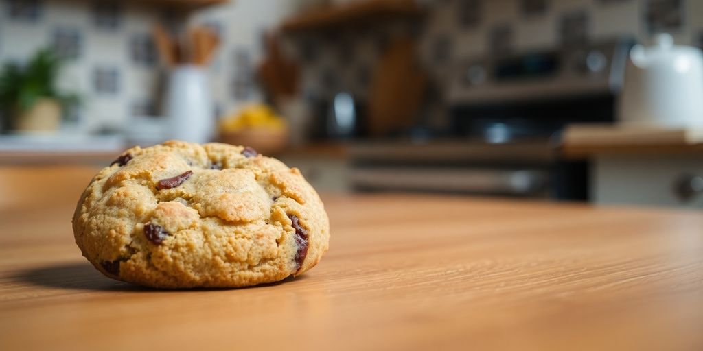 Close-up of a cookie on a wooden table.
