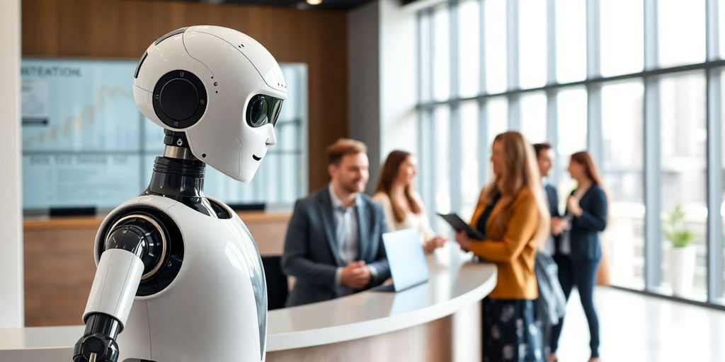 AI receptionist interacting with clients in a modern office.