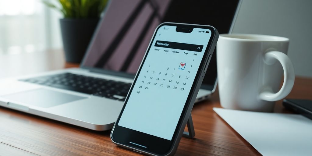 Smartphone with calendar in a modern office environment.