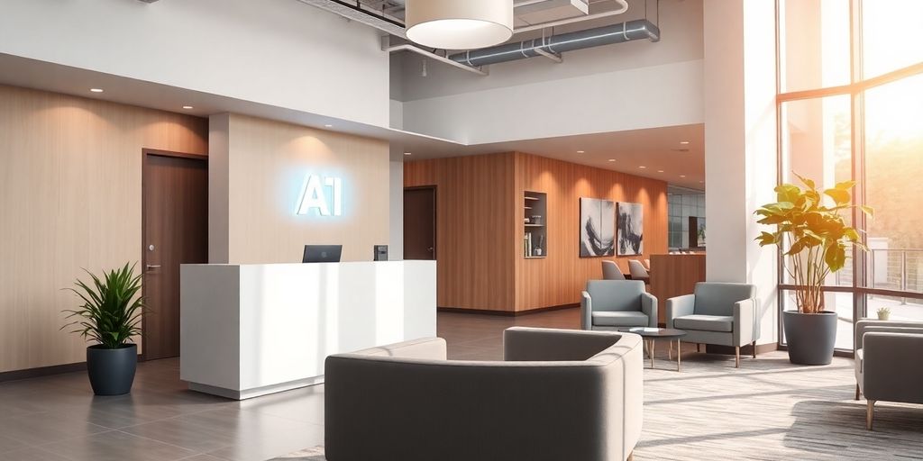 Modern office reception with AI receptionist and seating area.