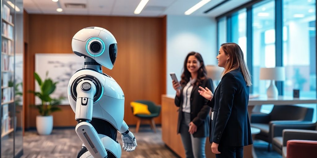 AI receptionist robot in a modern office environment.