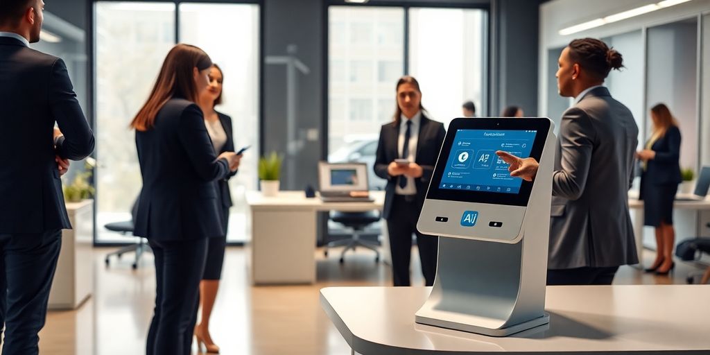 Modern office with AI receptionist and business professionals.