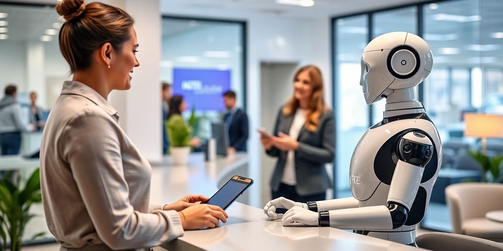AI receptionist in a modern office interacting with customers.
