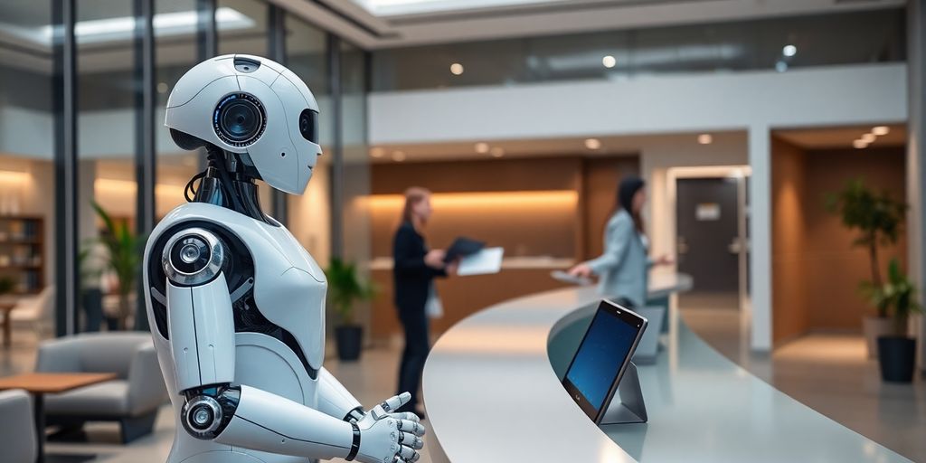 AI receptionist robot in a modern office environment.