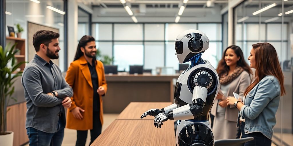 AI receptionist robot in a modern office with business owners.
