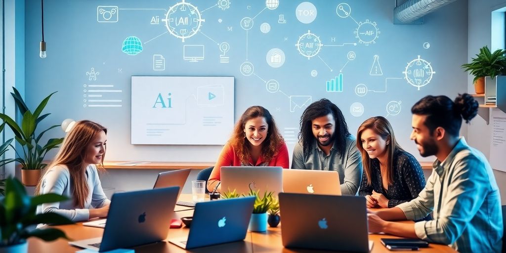 Diverse professionals collaborating with AI tools in a workspace.