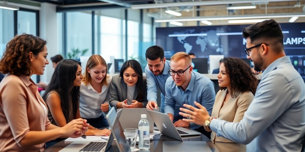 Diverse professionals collaborating in a modern office setting.