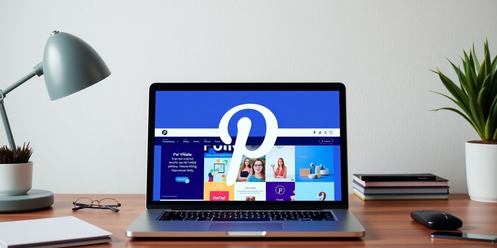 Workspace with laptop and Pinterest logo for marketing.