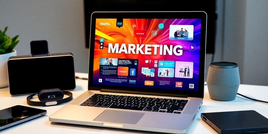 Laptop with digital marketing visuals in a modern workspace.