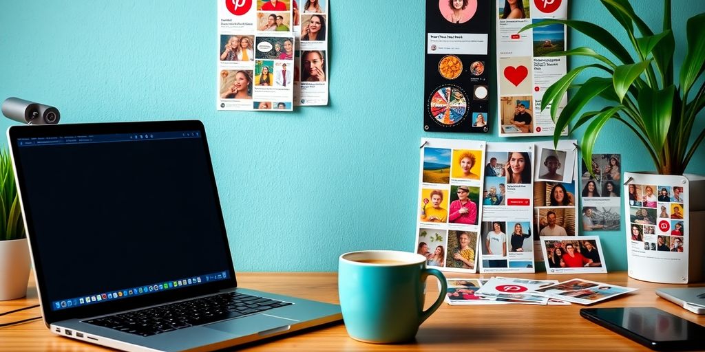 Vibrant workspace with laptop and coffee cup.