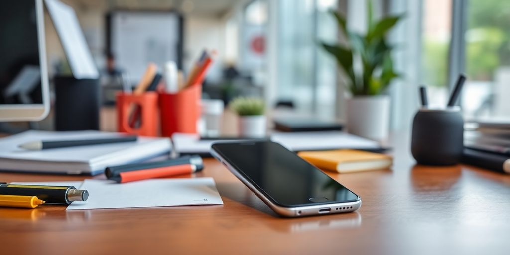 Smartphone on desk in a modern office setting.