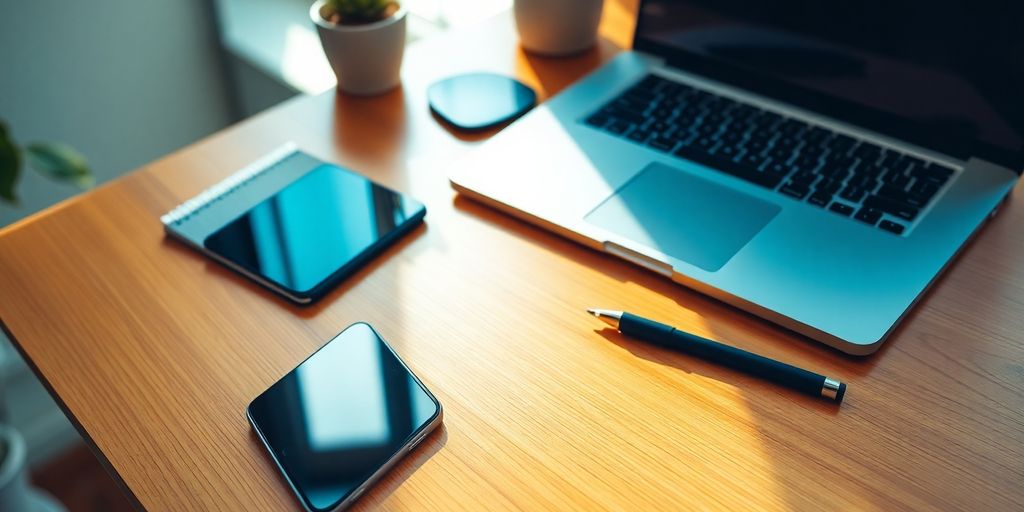Smartphone and laptop on a wooden desk.